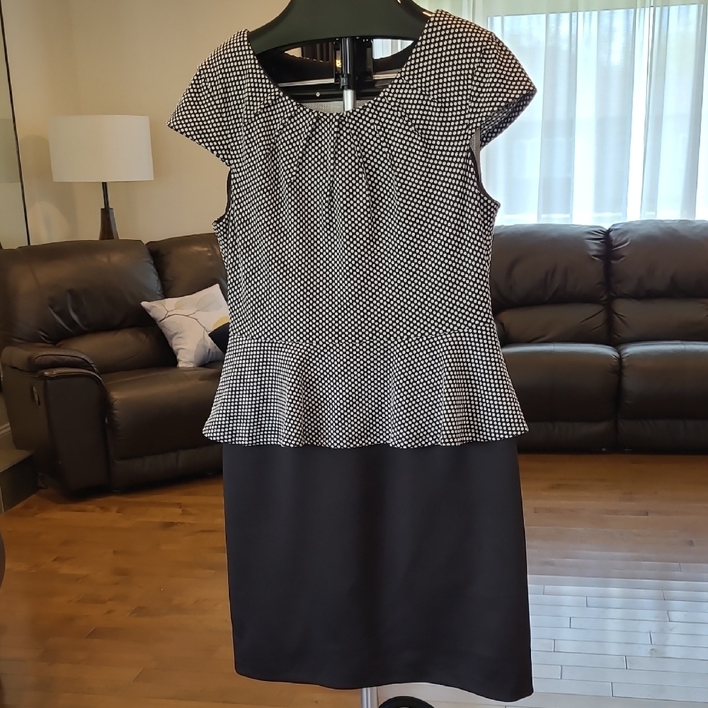 Laura Black White Polka Dot Peplum Solid Skirt Midi Dress SIZE 16